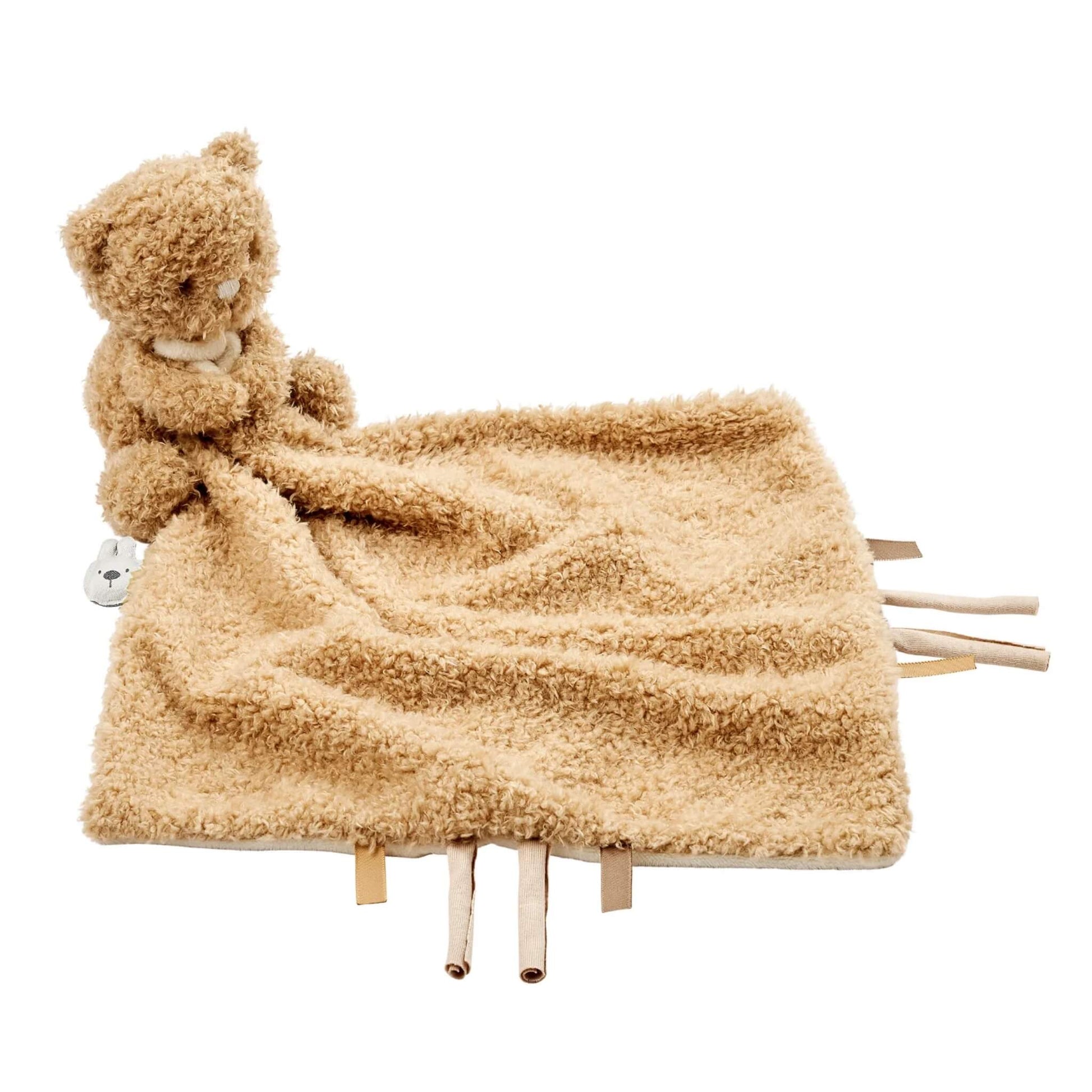 Nattou Teddy Doudou cuddle cloth with a plush bear attached, shown flat with soft textured fabric and fabric tags along the edges.