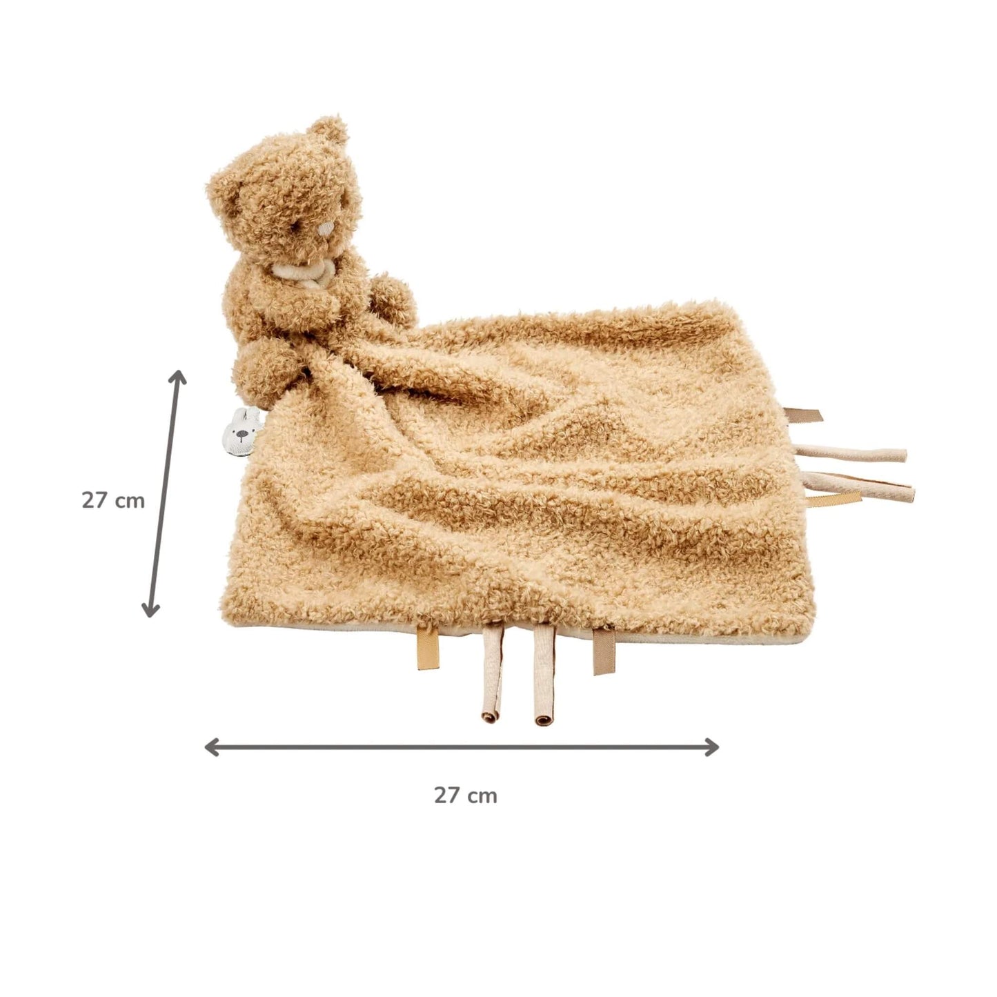 Beige cuddly doudou with an attached plush bear shown flat with arrows indicating measurements of 27 centimetres in both width and height.