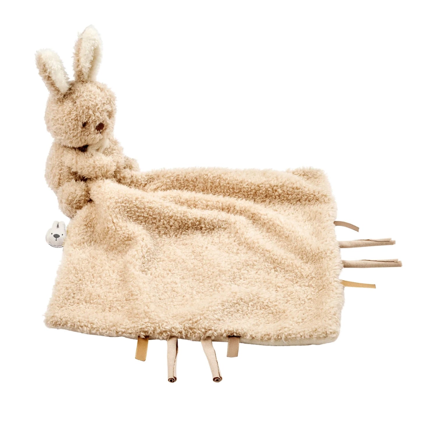 Nattou Teddy Doudou cuddle blanket shown with a soft plush bunny attached to a square textured comforter with fabric tags along the edges.