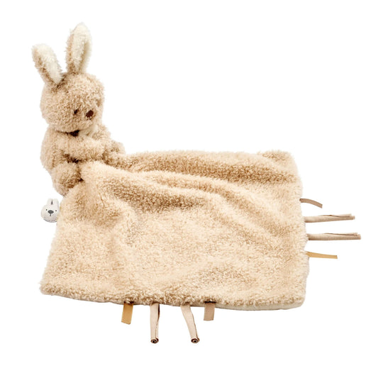 Nattou Teddy Doudou cuddle blanket shown with a soft plush bunny attached to a square textured comforter with fabric tags along the edges.