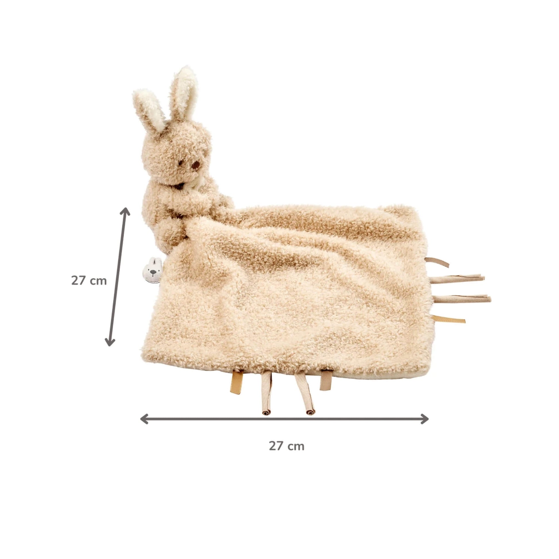 Square beige baby comforter with attached plush bunny shown with arrows indicating measurements of 27 centimetres in height and width.