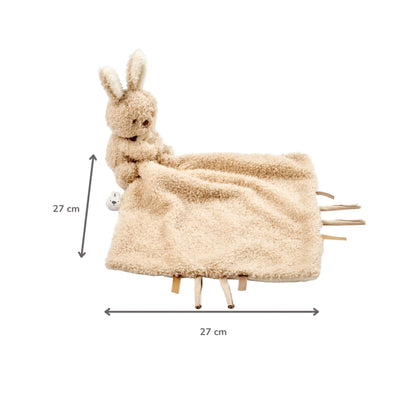 Square beige baby comforter with attached plush bunny shown with arrows indicating measurements of 27 centimetres in height and width.