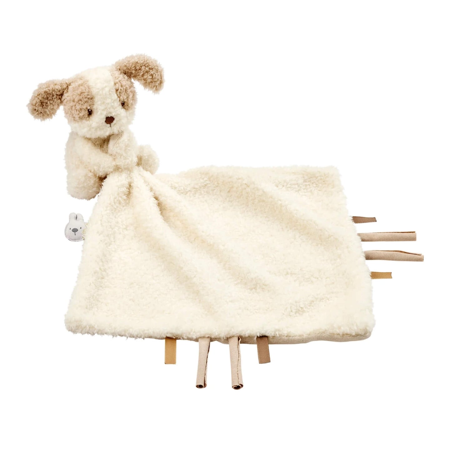 Nattou Teddy Doudou cuddle cloth with a plush dog attached, shown flat with soft textured fabric and fabric tags along the edges.