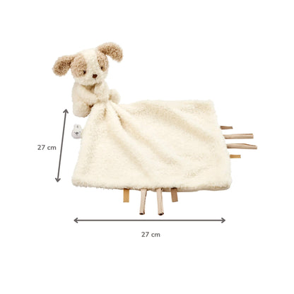 Beige cuddly doudou blanket with an attached plush dog shown flat with arrows indicating measurements of 27 centimetres in both width and height.