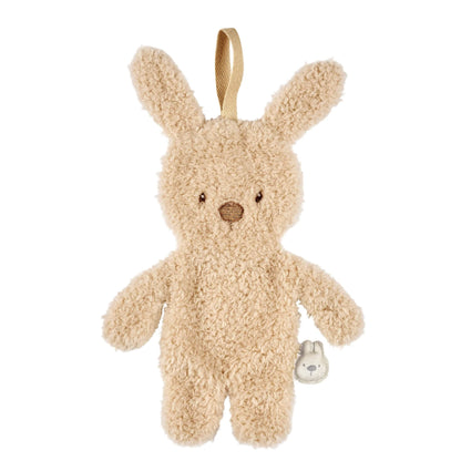 Nattou Teddy Doudou Pacifier Holder shaped like a plush bunny with long ears, soft teddy fabric and an attached dummy loop.