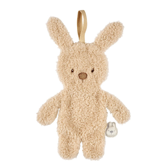Nattou Teddy Doudou Pacifier Holder shaped like a plush bunny with long ears, soft teddy fabric and an attached dummy loop.
