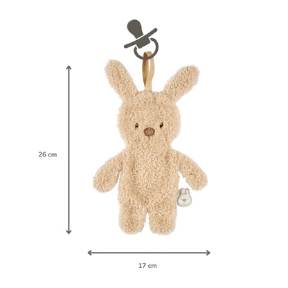 Plush bunny pacifier holder shown with arrows indicating measurements of 26 centimetres in height and 17 centimetres in width.