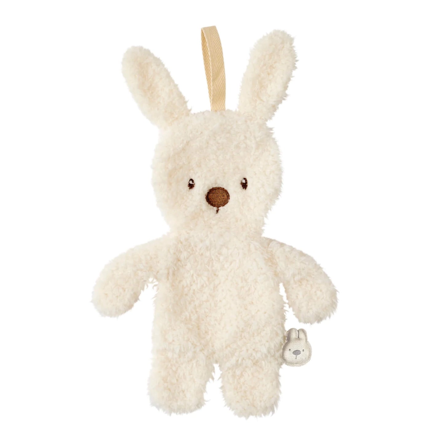 Nattou Teddy Doudou Pacifier Holder shaped like an ecru plush bunny with long ears, soft textured fabric and a loop for attaching a dummy.