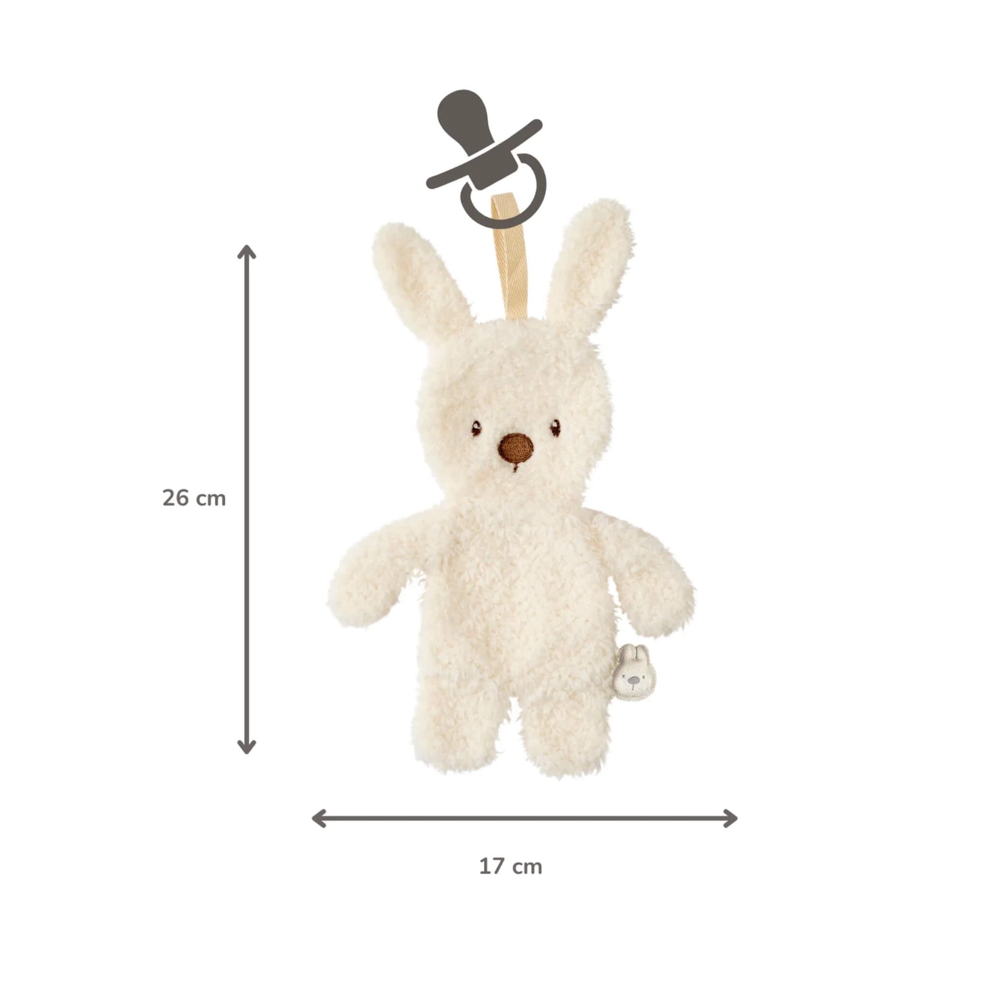 Ecru plush bunny pacifier holder shown with arrows indicating measurements of 26 centimetres in height and 17 centimetres in width, with a dummy icon above the attachment loop.