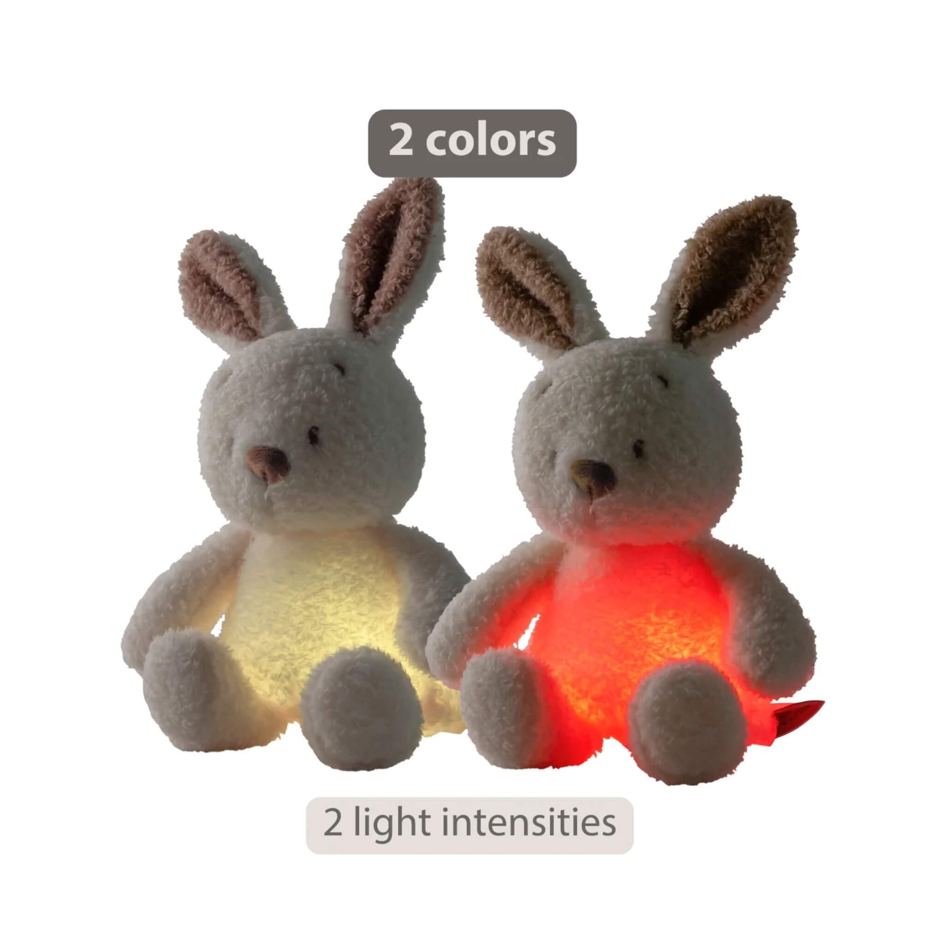 Two plush bunny nightlights placed side by side, one lit in a soft yellow tone and the other in a soft red tone, showing two light intensities.