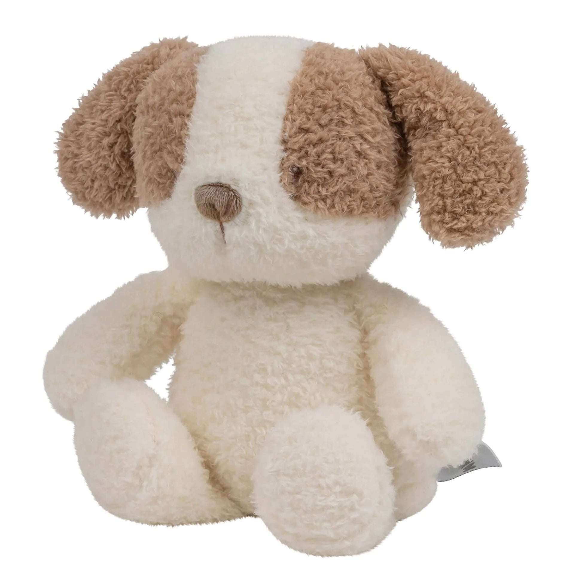 Nattou Teddy Mini Cuddly Dog Nightlight shown sitting upright with a soft, teddy-fabric body and floppy brown ears, its gentle internal glow visible through the plush.