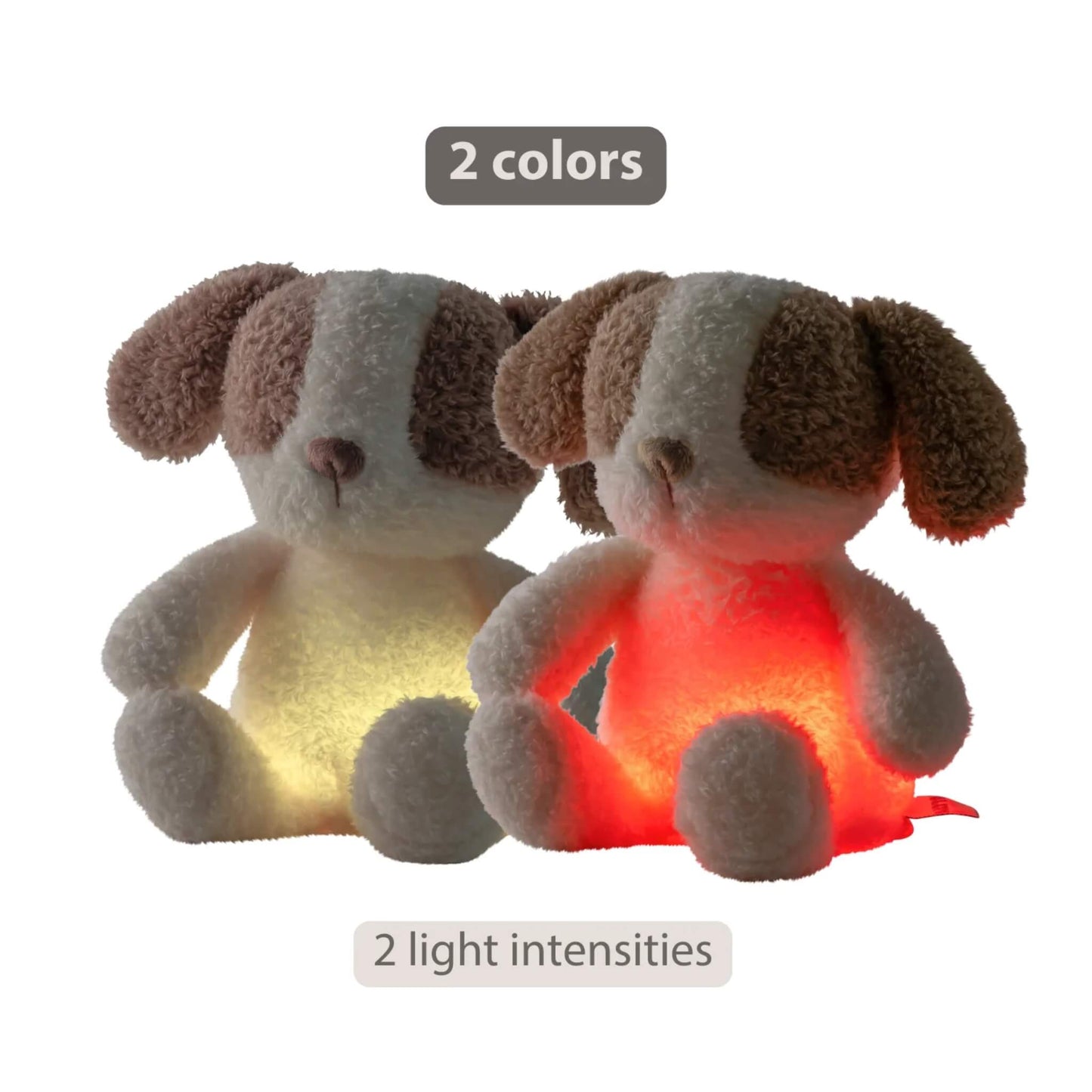 Two plush dog nightlights placed side by side, one lit yellow and one lit red, showing two different light intensities.