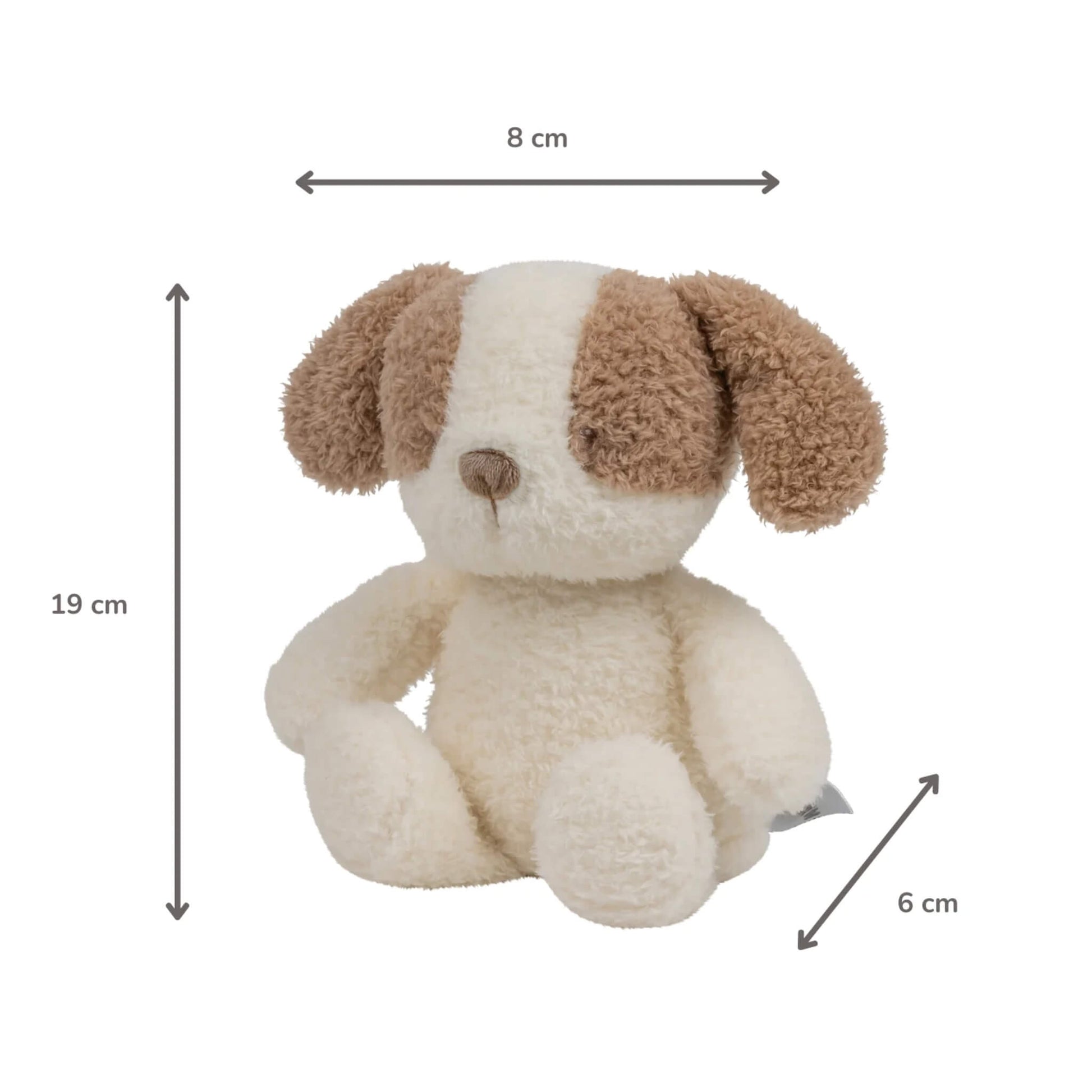 A plush dog nightlight with height and width measurements displayed around it to show its compact size.
