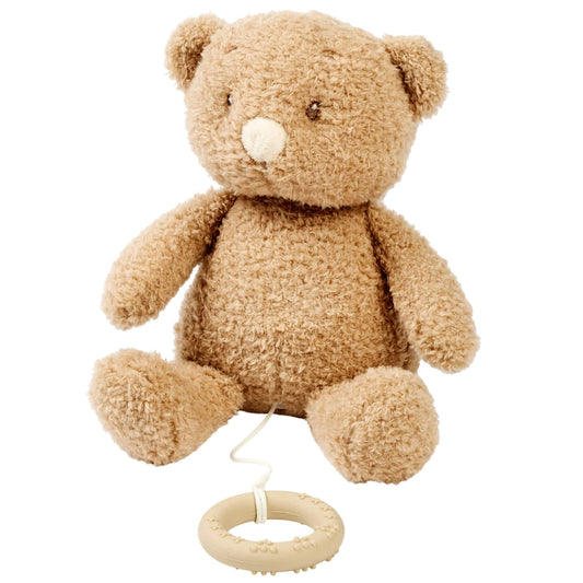Nattou Teddy Musical Toy Baby Bear shown sitting upright with soft textured fur and a pull-cord ring resting below.