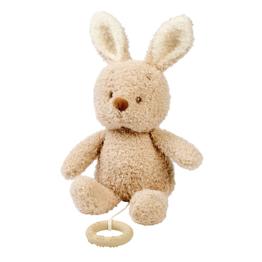 Nattou Teddy Musical Toy Baby Bunny shown sitting upright with soft textured fur, long ears and a pull-cord ring resting below.