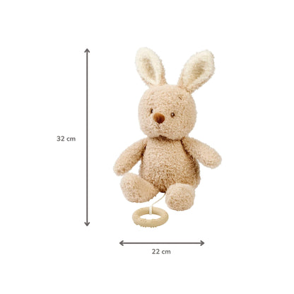 A plush bunny musical toy shown with height and width measurements, displaying 32 cm in height and 22 cm in width with the pull-cord ring resting below.