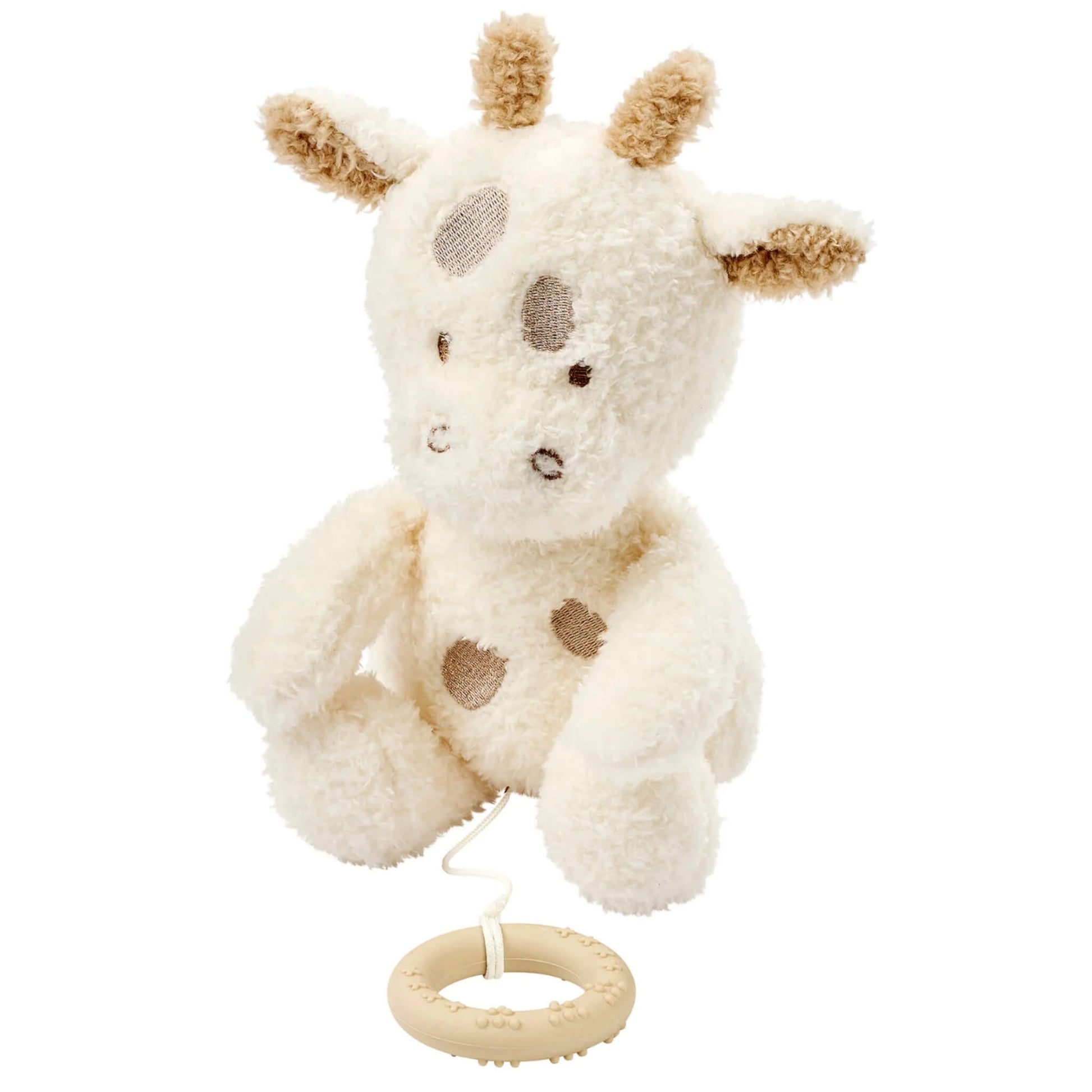 A Nattou Teddy Musical Toy in the Baby Giraffe design sits upright with embroidered spots, soft textured fabric and a silicone pull ring attached by a cord.