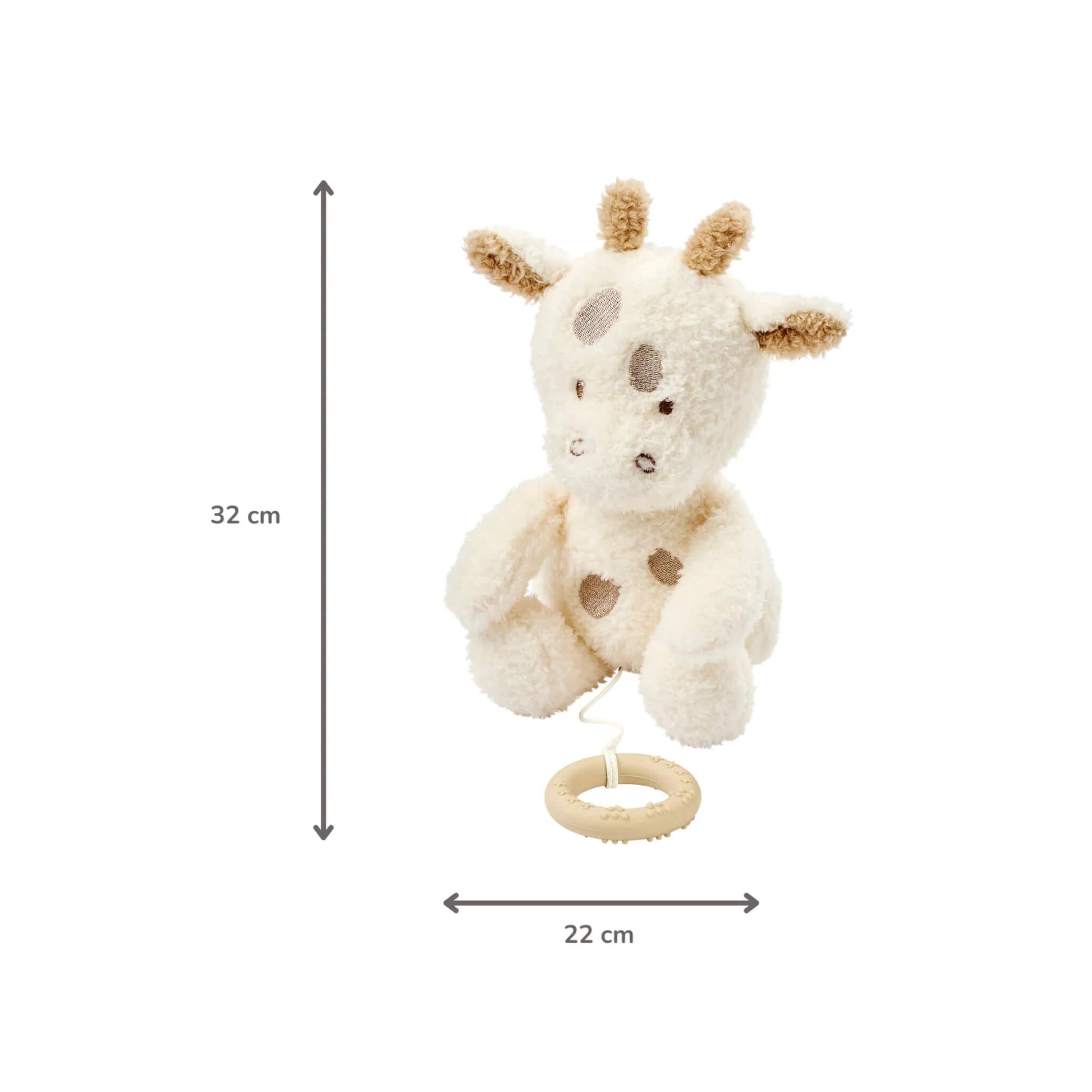 A plush giraffe musical toy is displayed against a white background with measurement markers showing a height of 32 cm and a width of 22 cm.