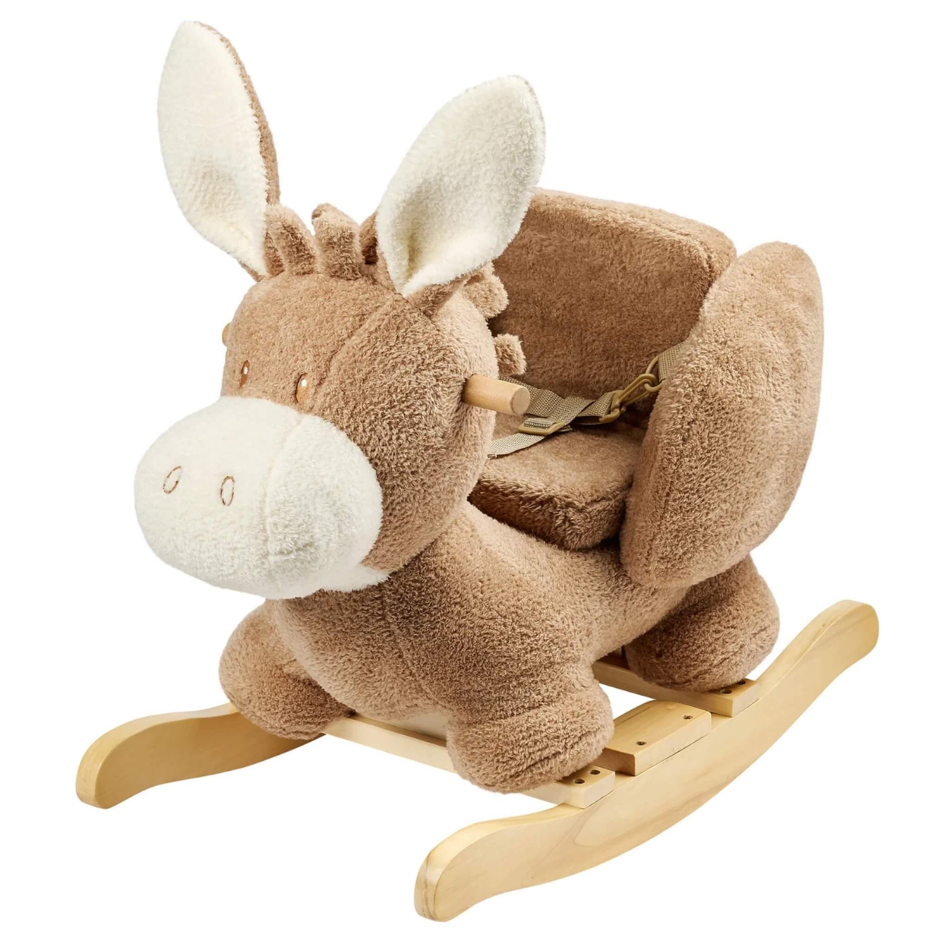 Donkey Nattou Teddy Rocker. A plush rocking toy with soft padded seat, side supports, wooden handles and curved wooden rocking base on a white background.