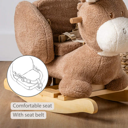 Close-up of a cushioned fabric seat with adjustable safety belt inside a plush rocking donkey toy.