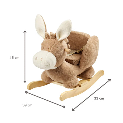 Beige plush rocking donkey displayed with measurement arrows showing height 45 cm, length 59 cm and width 33 cm.