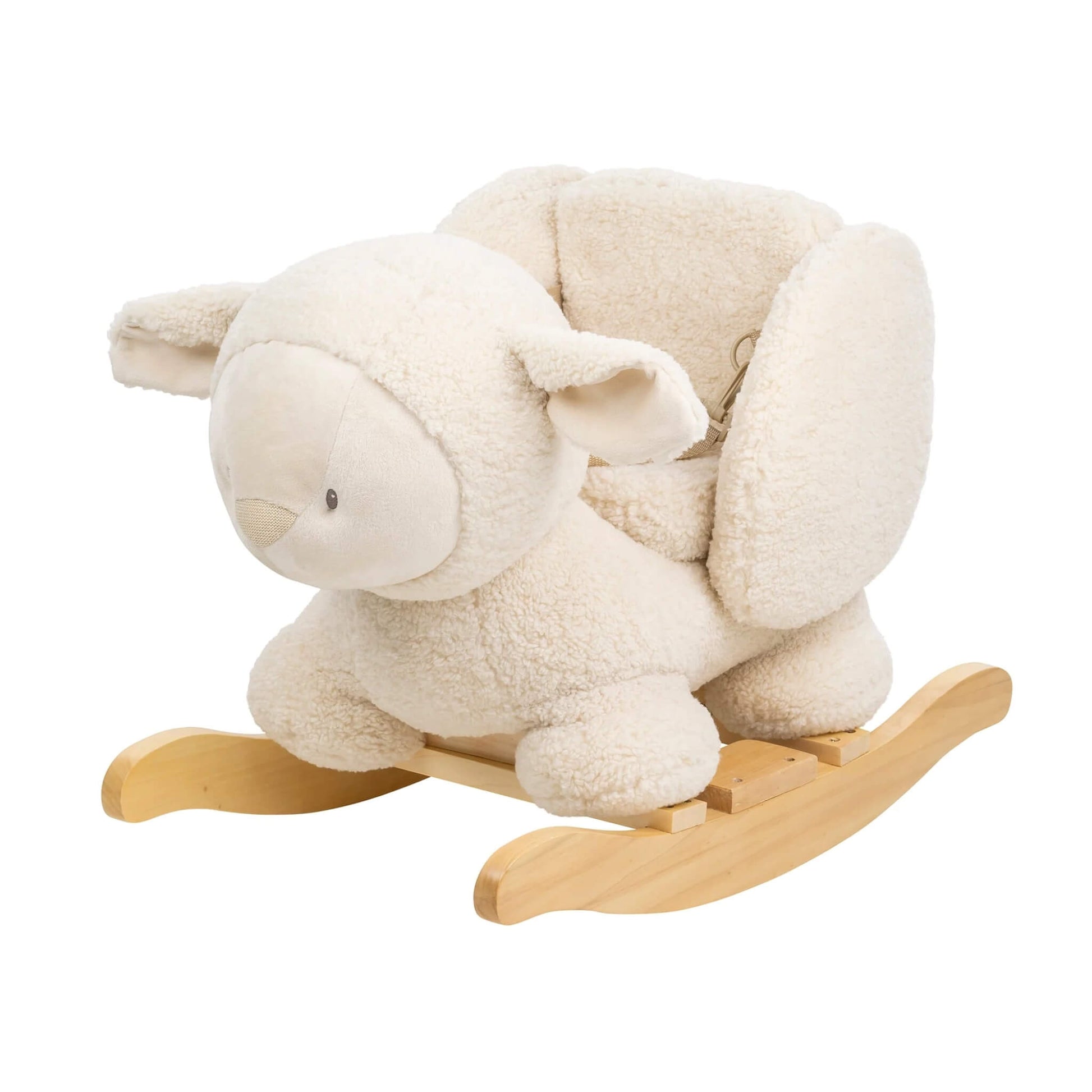 Soft plush Nattou teddy bear rocker in sheep design with wooden base. A cosy ride-on toy perfect for baby balance and playtime development.
