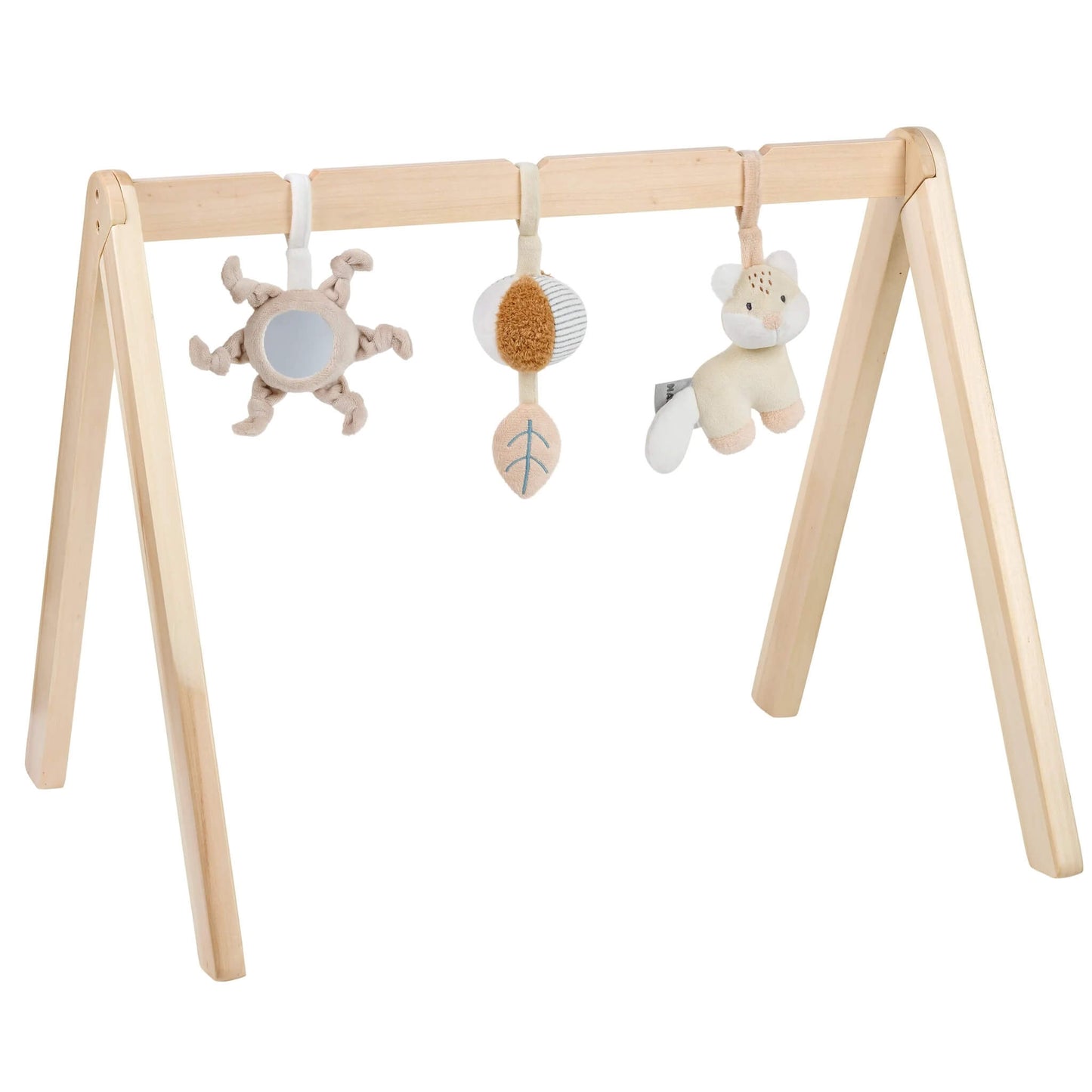 Nattou Wooden Baby Play Arch with hanging soft toys in natural wood, featuring a sturdy scandi-style frame with mirror, plush ball and animal toy suspended for floor play.