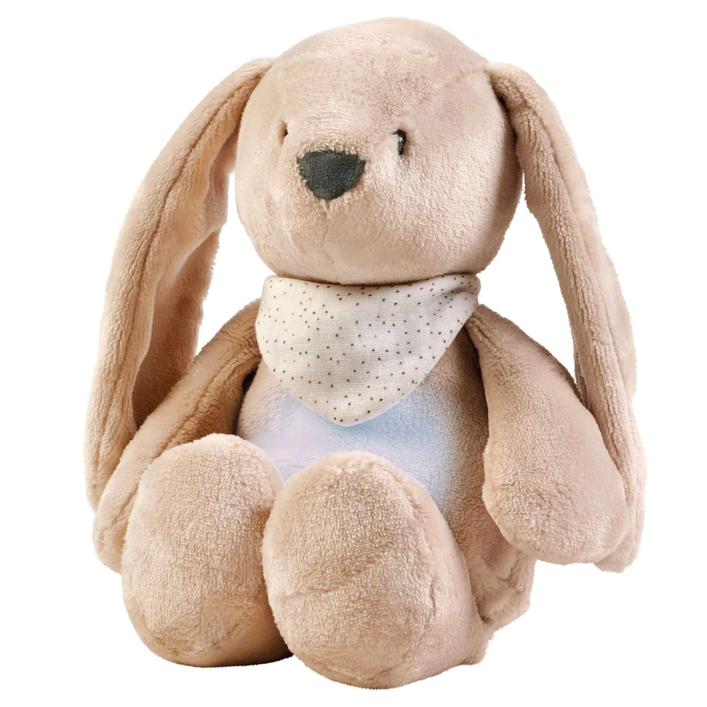 Plush beige bunny nightlight with a gentle glow in its belly, wearing a polka-dot scarf.  Created for soothing bedtime routines.