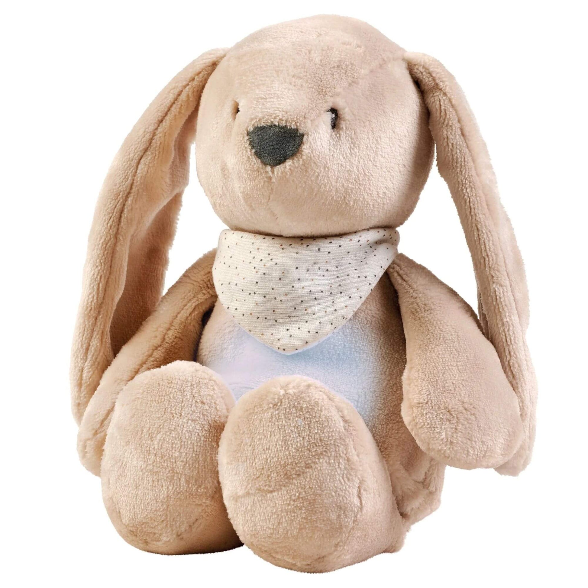 Plush beige bunny nightlight with a gentle glow in its belly, wearing a polka-dot scarf.  Created for soothing bedtime routines.