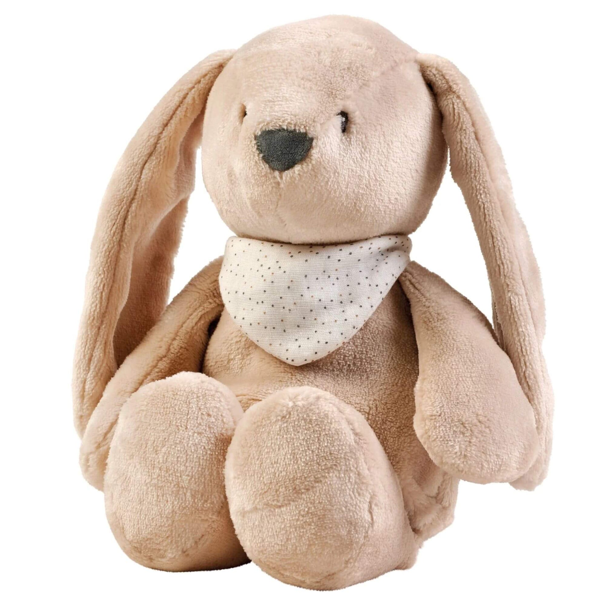 Nattou Sleepy Cuddly Bunny with floppy ears and a polka-dot scarf. Soft and plush, designed as a sleep aid for babies and toddlers.