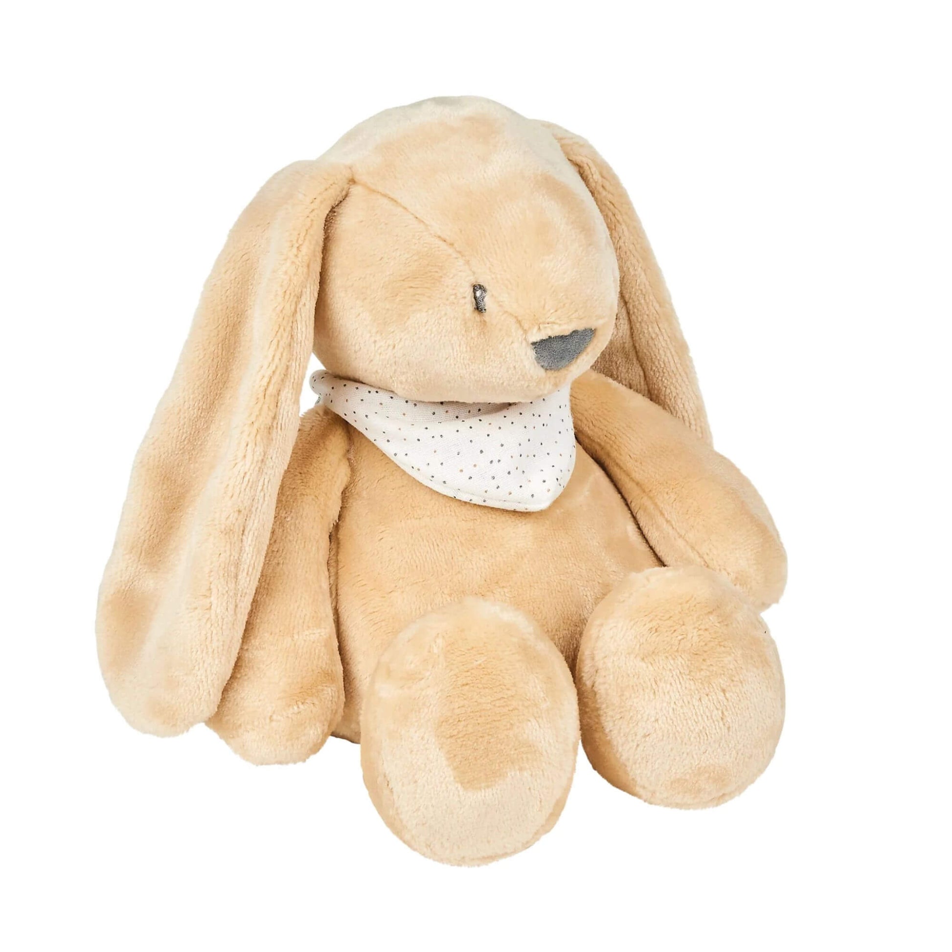 Light brown Nattou sleepy cuddly bunny with floppy ears and a polka-dot scarf. Soft and plush, designed as a sleep aid for babies and toddlers.
