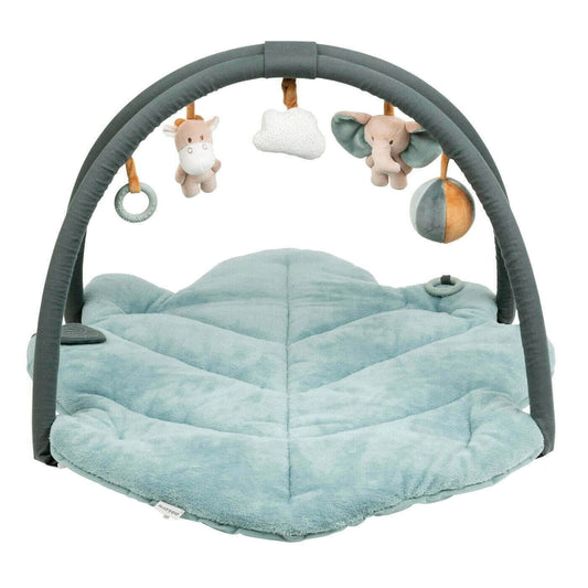 Nattou play gym with a variety of activities to stimulate your baby. There are five hanging toys overhead to fascinate your baby comprising of cuddly toys, a soft ball and a silicone ring.