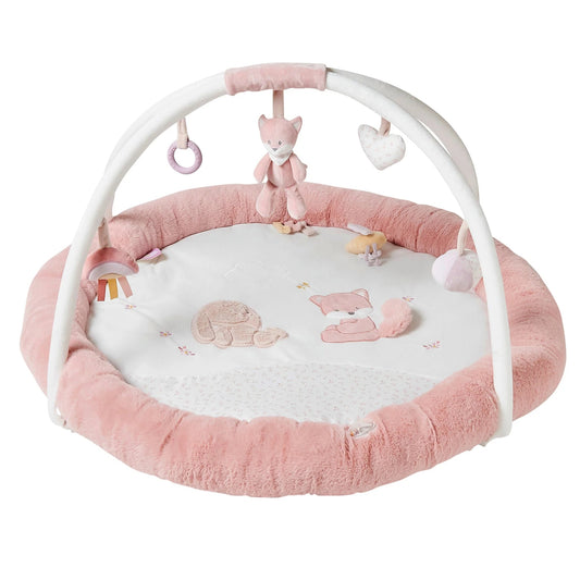 Nattou Alice & Pomme Stuffed Playmat with with five detachable hanging toys, including cuddly items, a soft ball, and a heart shape.