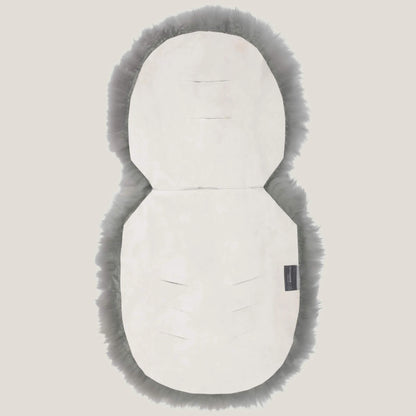 Reverse view of grey sheepskin pram liner showing cream suede backing with multiple harness openings.