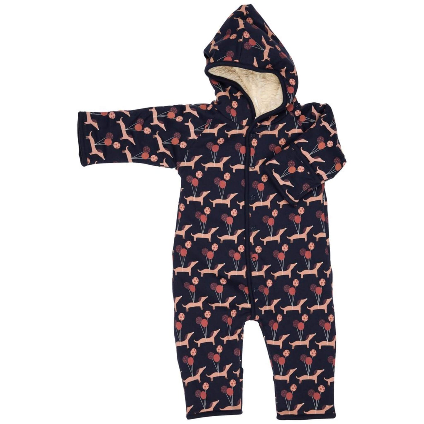 A baby hooded one-piece jumpsuit in navy blue with a repeating pattern of pink dachshunds holding red balloons, featuring a cream-colored fleece lining inside the hood, shown against a plain white background.