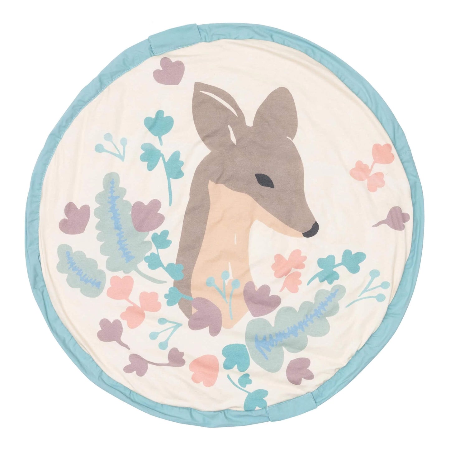 Play&Go Soft Toy Storage Bag Deer laid flat as a circular padded play mat with a deer illustration and soft pastel floral details.