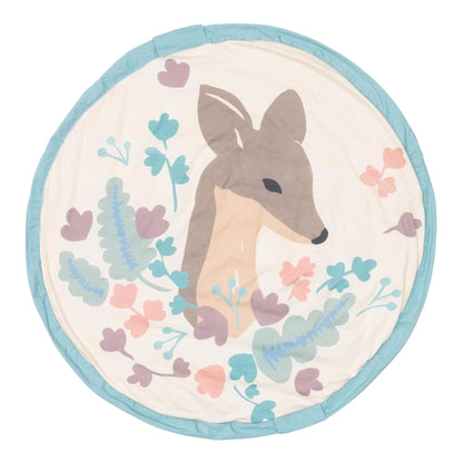 Play&Go Soft Toy Storage Bag Deer laid flat as a circular padded play mat with a deer illustration and soft pastel floral details.