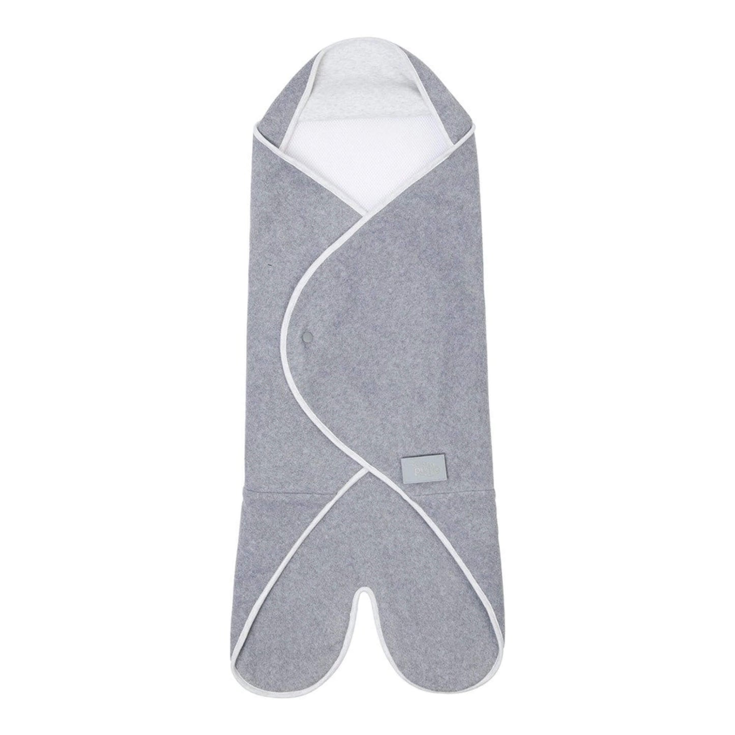 Purflo Cosy Wrap Travel Blanket in Minimal Grey shown folded into a hooded shape with fleece panels and white trim.