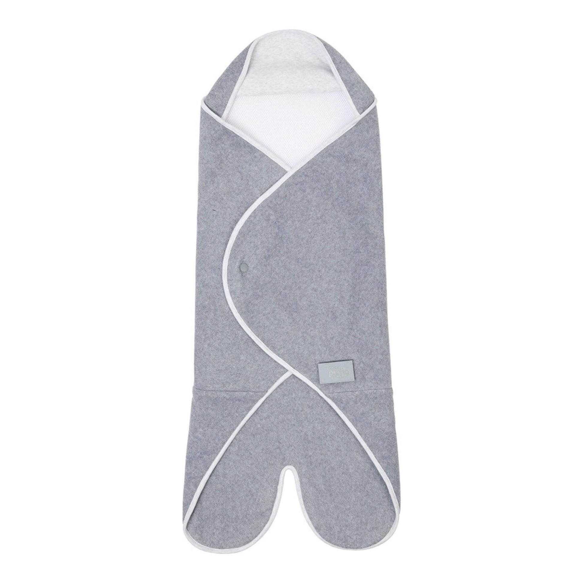 Purflo Cosy Wrap Travel Blanket in Minimal Grey shown folded into a hooded shape with fleece panels and white trim.