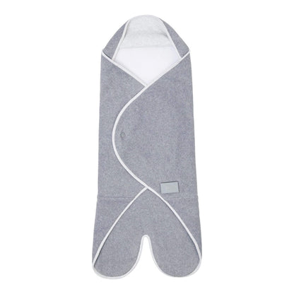 Purflo Cosy Wrap Travel Blanket in Minimal Grey shown folded into a hooded shape with fleece panels and white trim.
