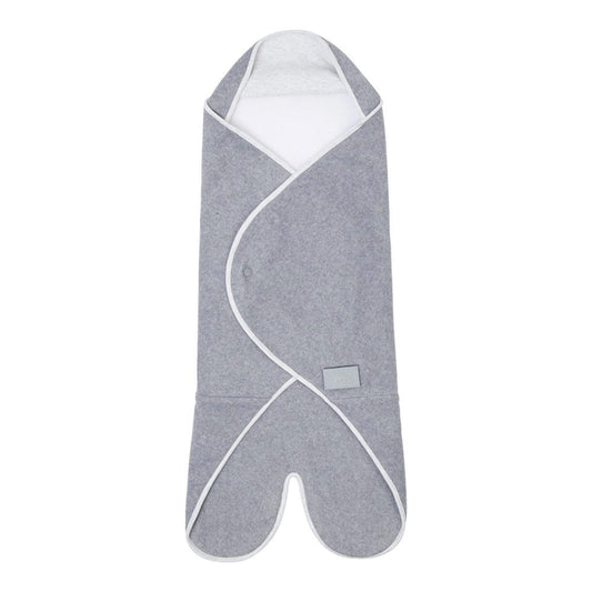 Purflo Cosy Wrap Travel Blanket in Minimal Grey shown folded into a hooded shape with fleece panels and white trim.
