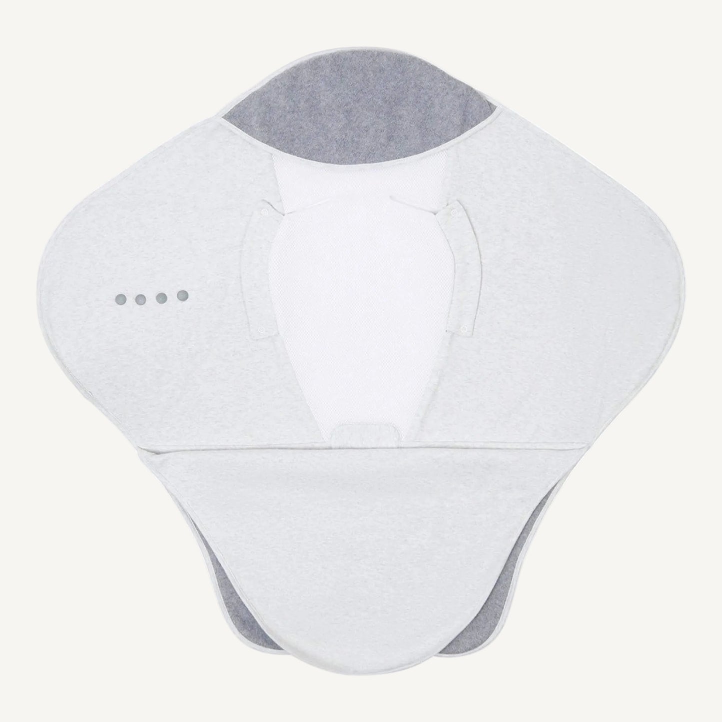 Open travel blanket laid wide to show light grey wings, mesh head panel, popper fastenings and darker grey fleece lower section.