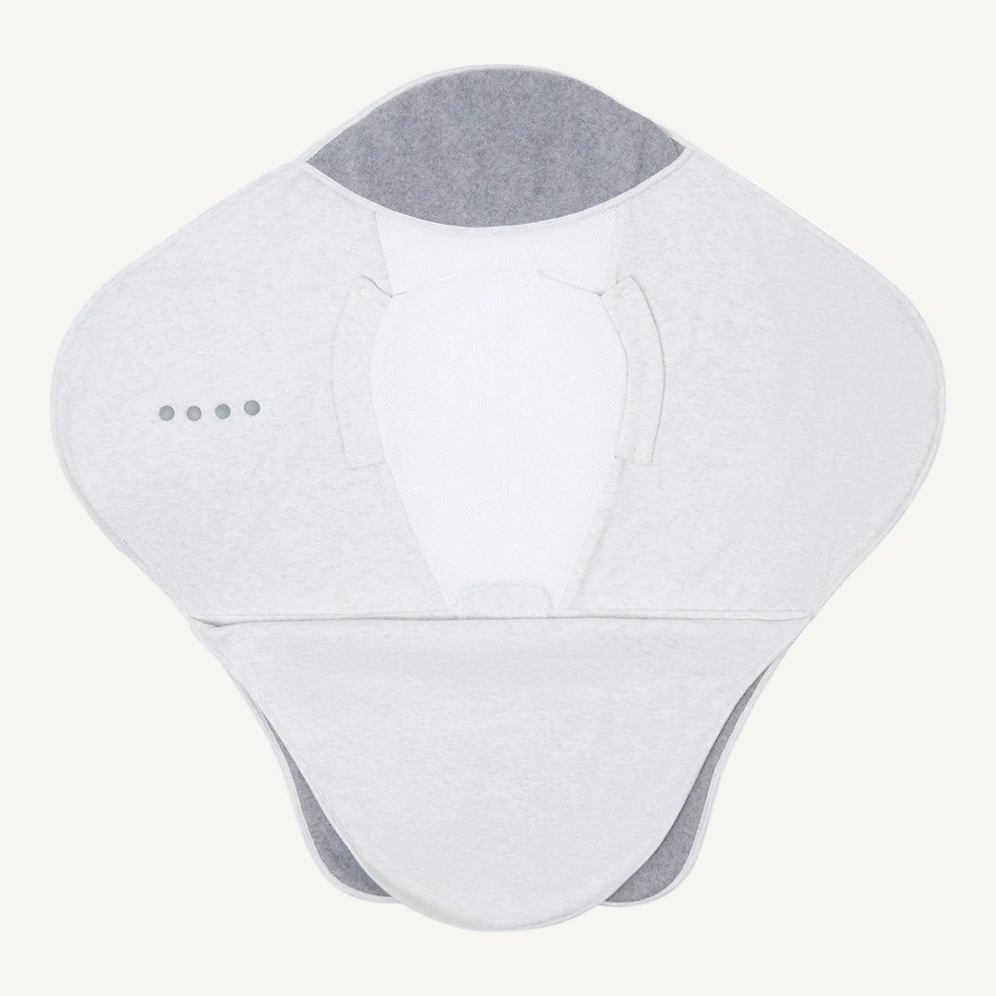 Open travel blanket laid wide to show light grey wings, mesh head panel, popper fastenings and darker grey fleece lower section.