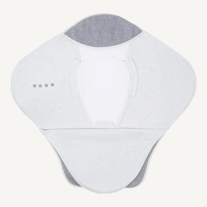 Open travel blanket laid wide to show light grey wings, mesh head panel, popper fastenings and darker grey fleece lower section.