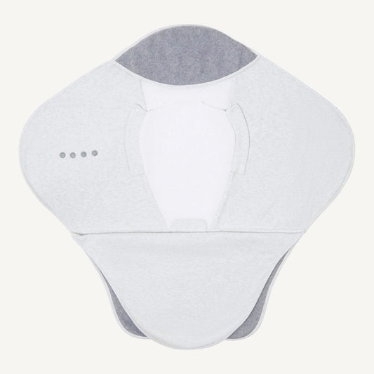 Open travel blanket laid wide to show light grey wings, mesh head panel, popper fastenings and darker grey fleece lower section.