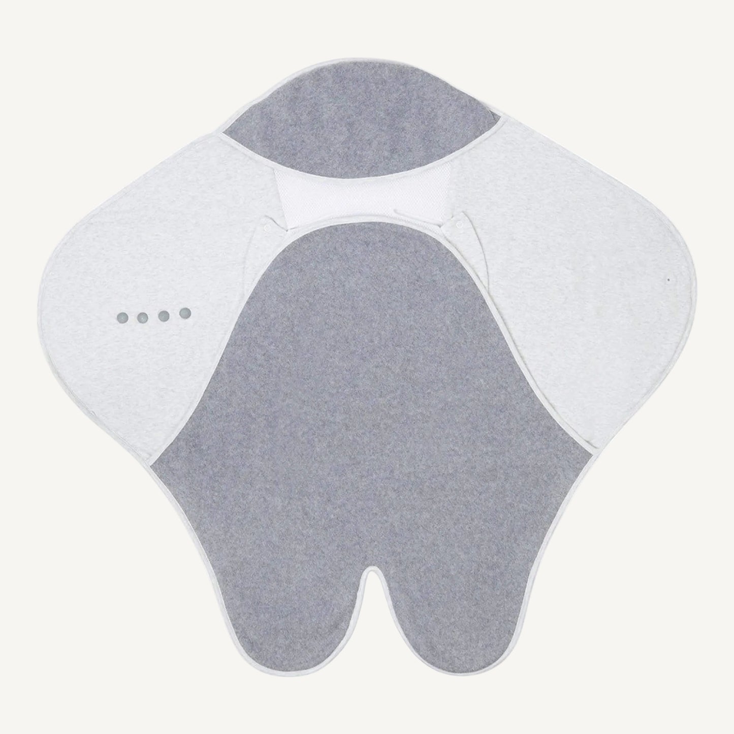 Travel blanket displayed open with grey fleece body, wings and white mesh head area.