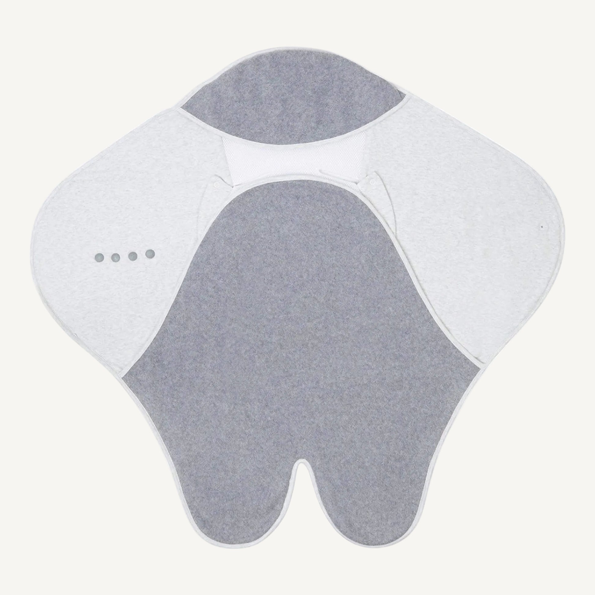 Travel blanket displayed open with grey fleece body, wings and white mesh head area.