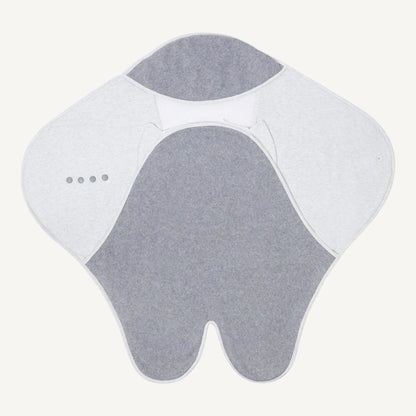 Travel blanket displayed open with grey fleece body, wings and white mesh head area.