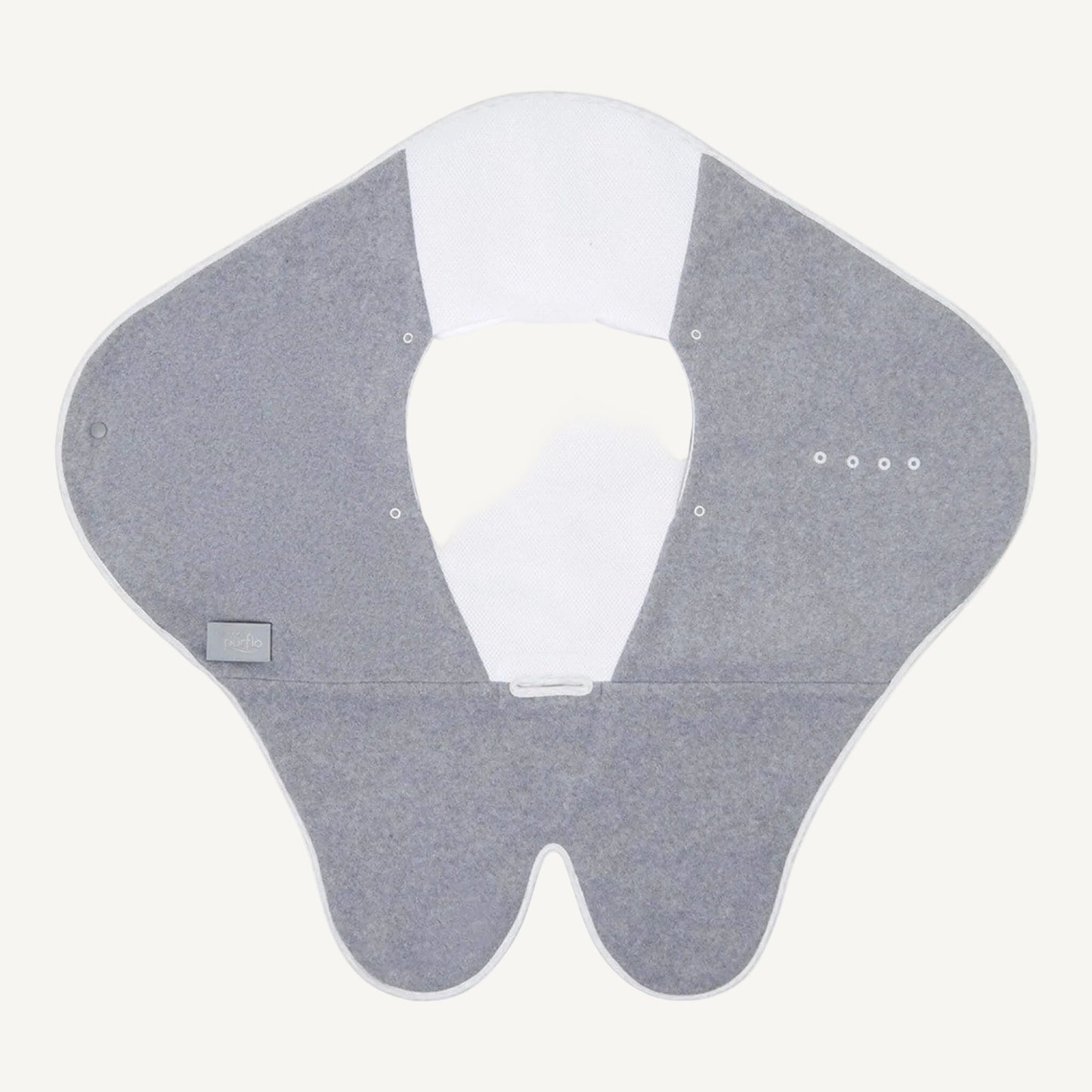 Travel blanket laid flat with darker grey fleece centre panel, mesh head area and wings extended outward.