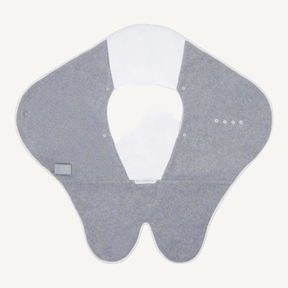 Travel blanket laid flat with darker grey fleece centre panel, mesh head area and wings extended outward.